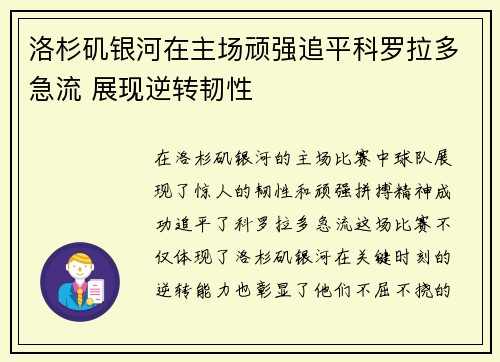 洛杉矶银河在主场顽强追平科罗拉多急流 展现逆转韧性 洛杉矶银河在主场顽强追平科罗拉多急流 展现逆转韧性